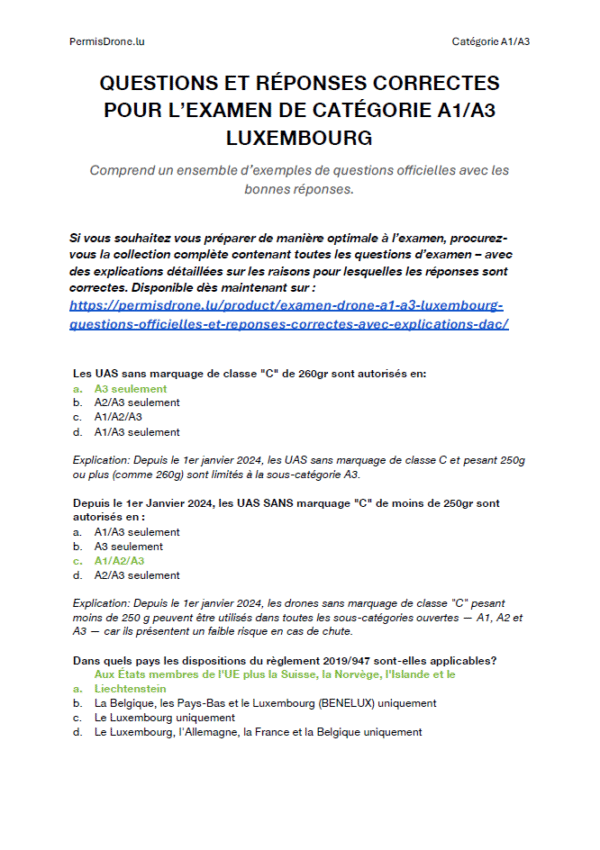 Examen Drone A1/A3 Luxembourg – Questions officielles et réponses correctes avec explications (DAC) – Image 3