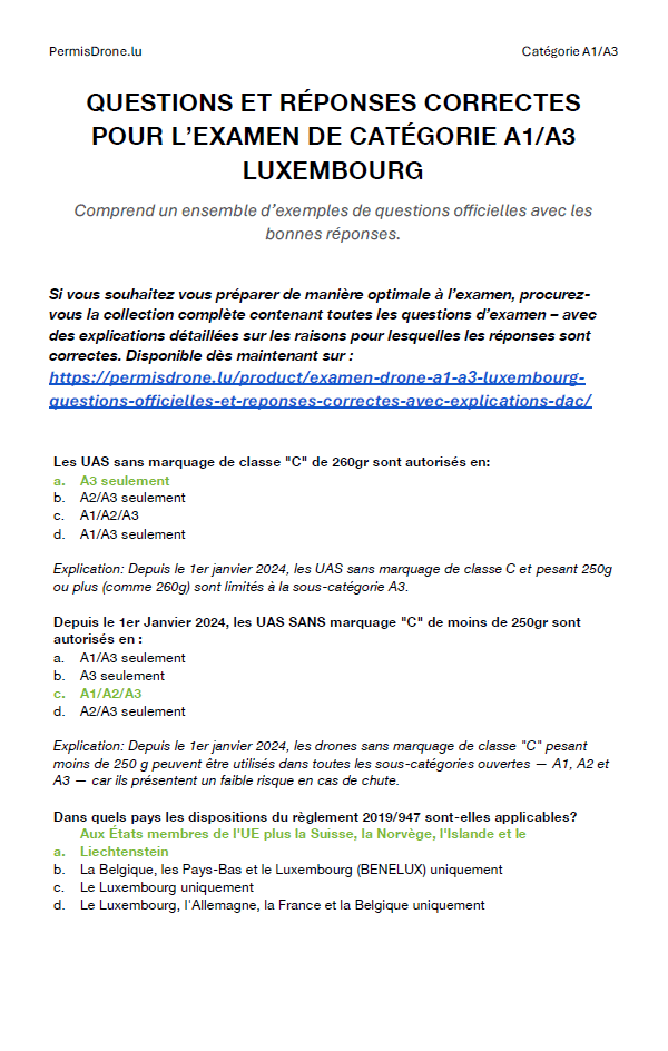 Examen Drone A1/A3 Luxembourg – Questions officielles et réponses correctes avec explications (DAC) – Image 3
