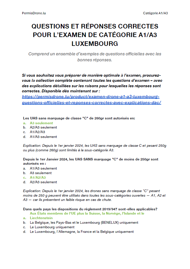 Examen Drone A1/A3 Luxembourg – Questions officielles et réponses correctes avec explications (DAC) – Image 3