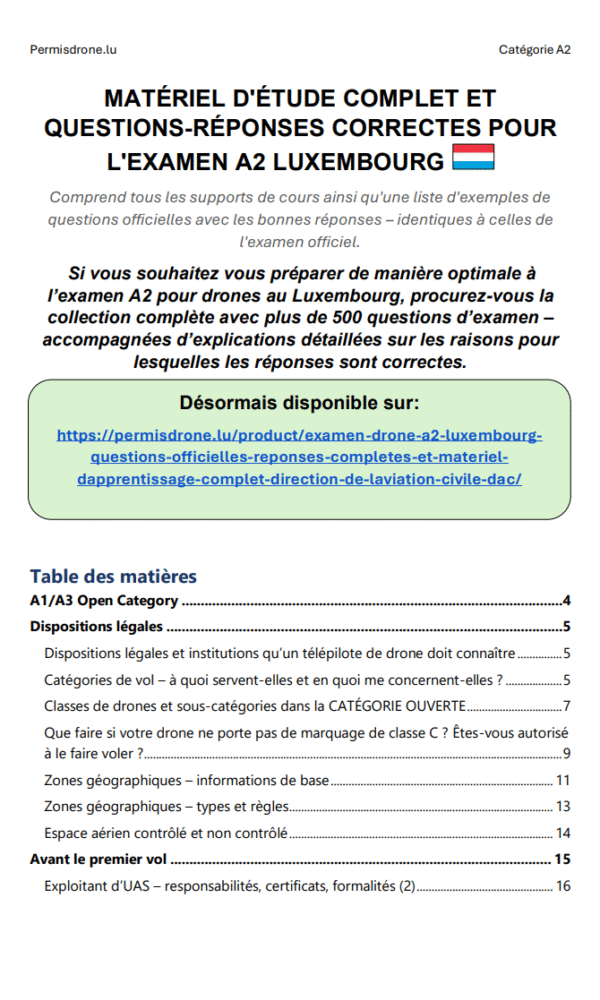 Examen Drone A2 Luxembourg – Questions officielles, réponses complètes et matériel d’apprentissage complet (Direction de l’Aviation Civile - DAC) – Image 2