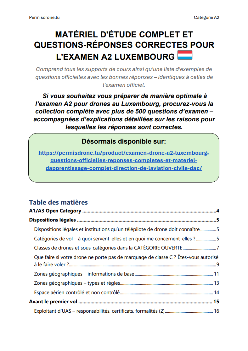 Examen Drone A2 Luxembourg – Questions officielles, réponses complètes et matériel d’apprentissage complet (Direction de l’Aviation Civile - DAC) – Image 2